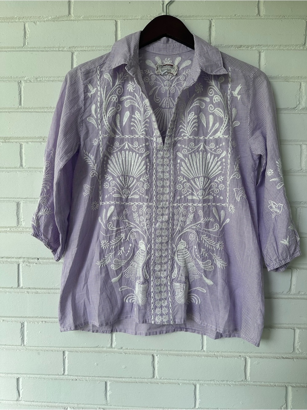Johnny Was Orla Wanderer Embroidered Boho Blouse - Lavender Gingham - XS